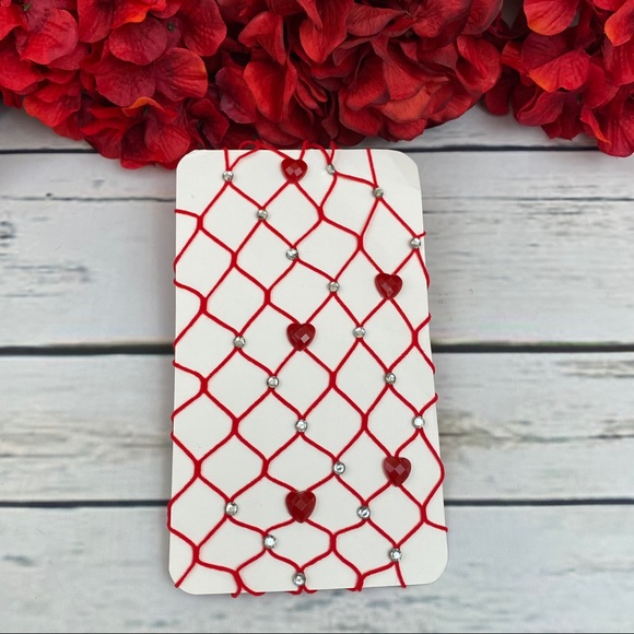 Sexy Red Fishnet Stockings with Hearts & Rhinestones - Picture 6 of 14